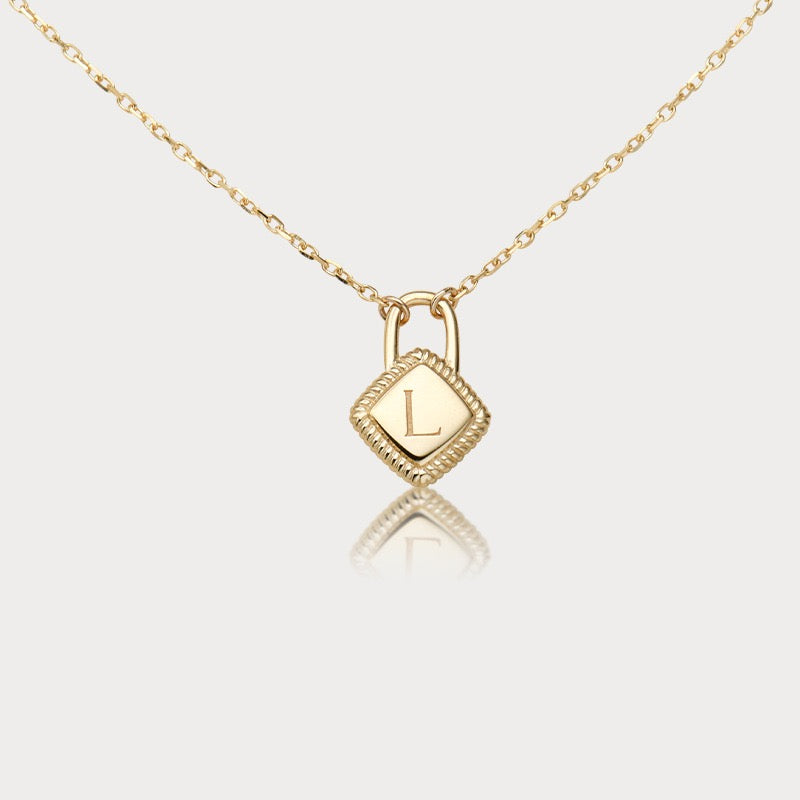 Personalized Initial Lock Necklace – 14K Gold Plated Sterling Silver