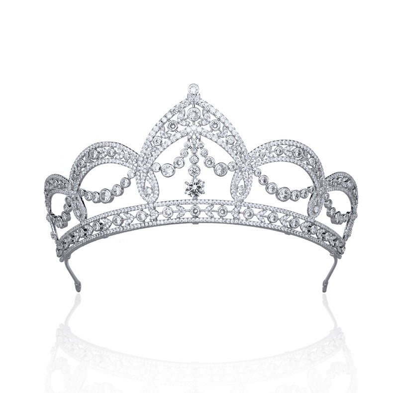 Baroque Zircon Tiara – 24K White Gold-Plated Crown with Natural Gemstones