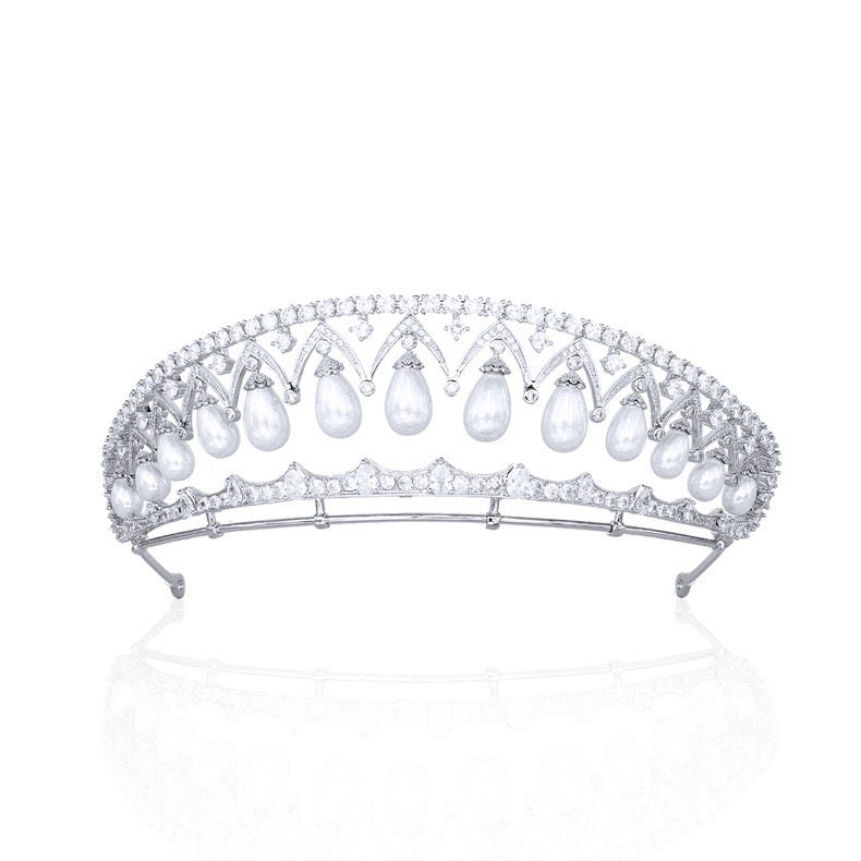 Pearl and Zirconia Tiara – Silver-Plated Bridal Crown for Weddings & Formal Events