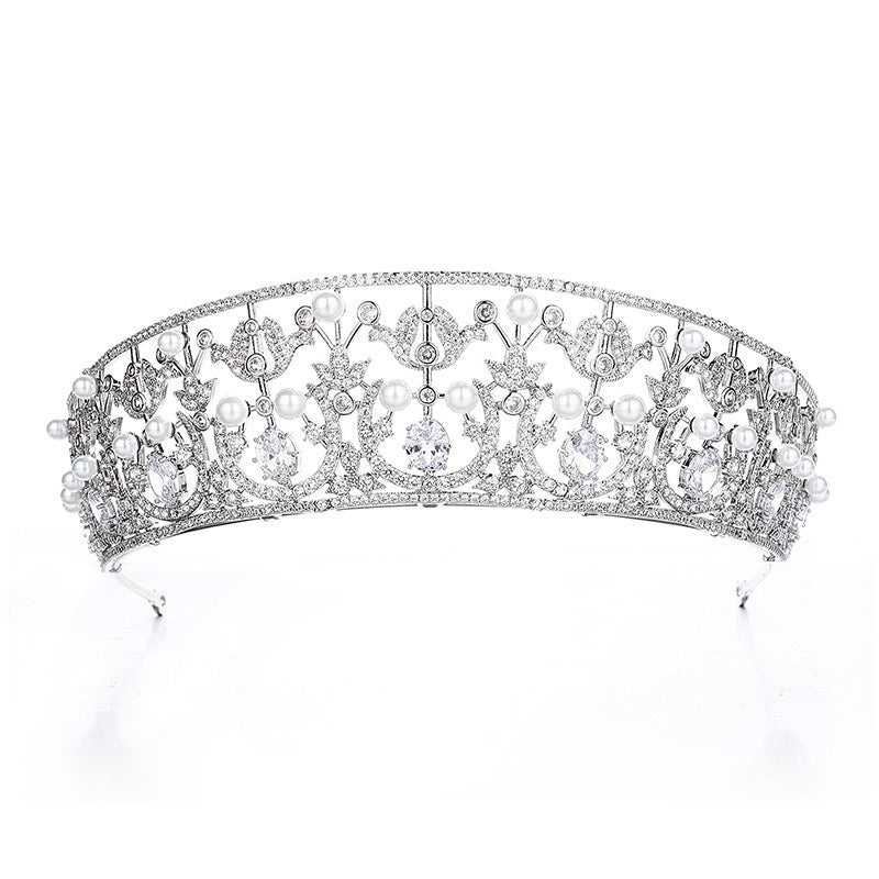 Filigree Tiara with Zircon and Pearls – White Gold Tone for Weddings