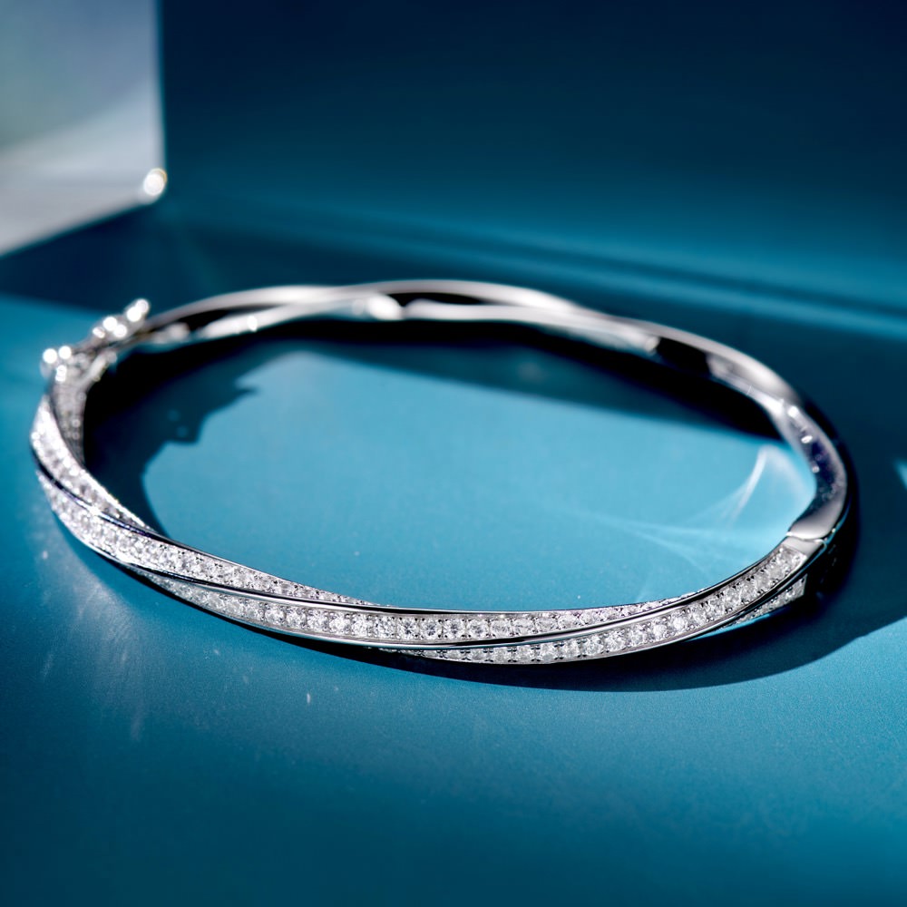 Sterling Silver Twisted Bangle Bracelet with Pavé-Set Cubic Zirconia