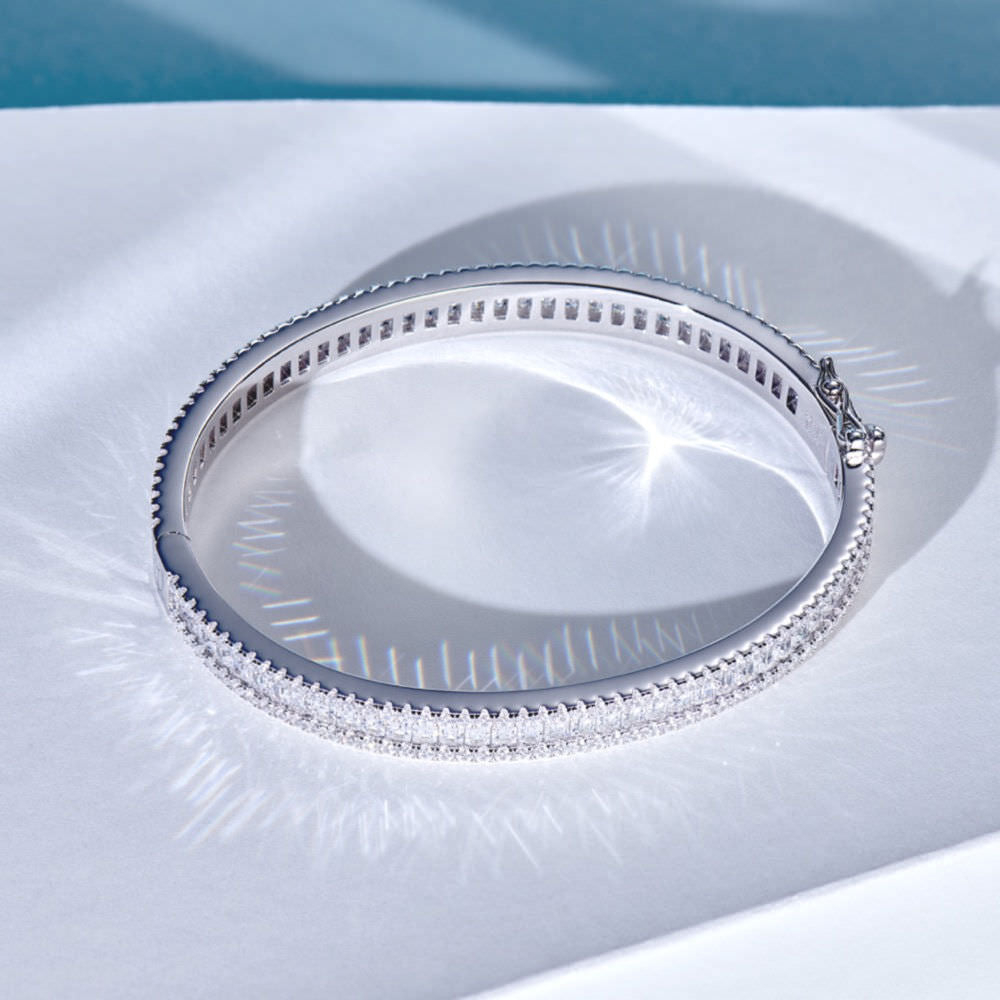 Sterling Silver Baguette and Round Zirconia Bangle Bracelet for Women