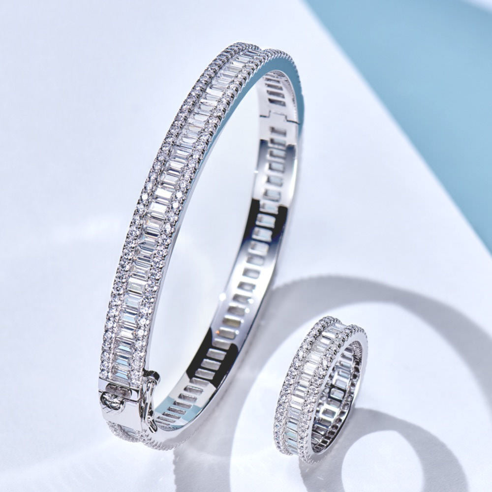 Sterling Silver Baguette and Round Zirconia Bangle Bracelet for Women