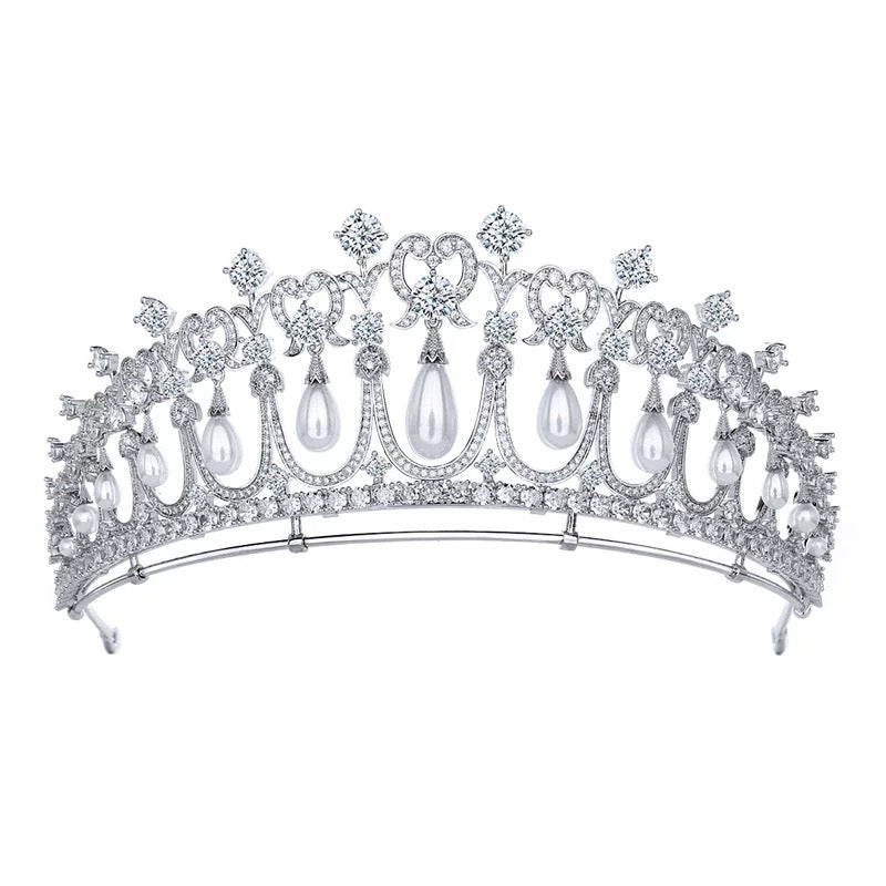 Heart Design Tiara – White Gold Look with Pearls and Sparkling Zircon