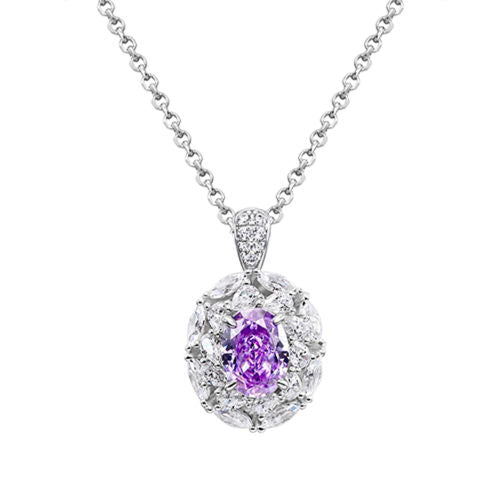18K Gold Plated Sterling Silver Oval Amethyst Halo Pendant Necklace – 6x8mm 1.5ct Simulated Gemstone