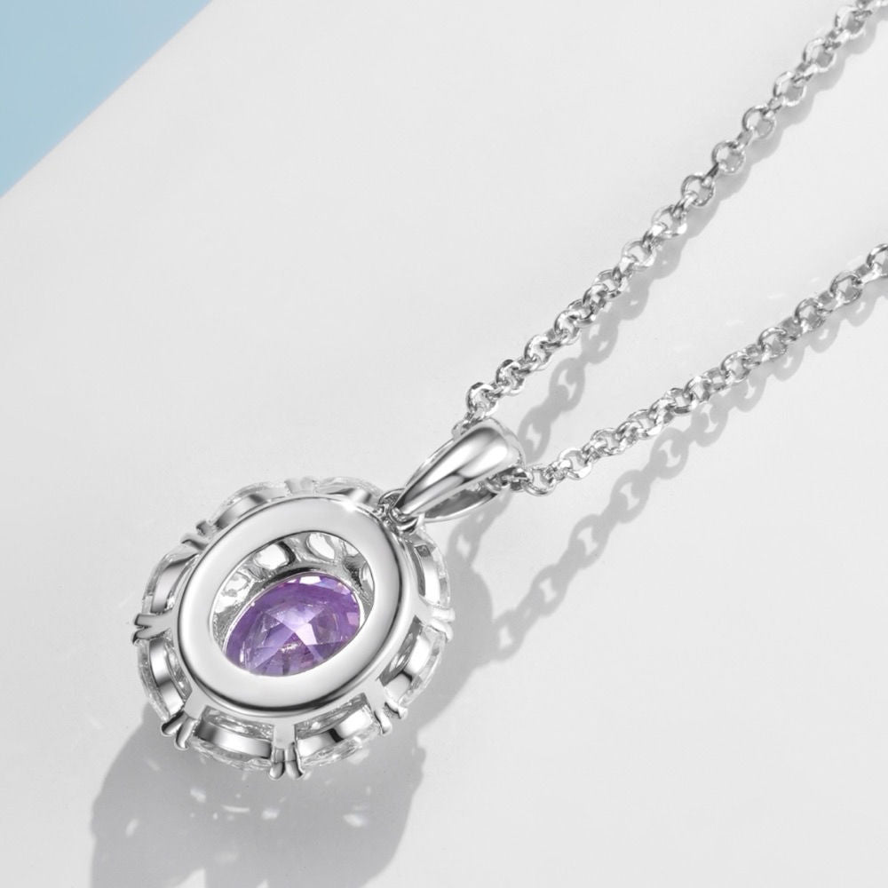 18K Gold Plated Sterling Silver Oval Amethyst Halo Pendant Necklace – 6x8mm 1.5ct Simulated Gemstone
