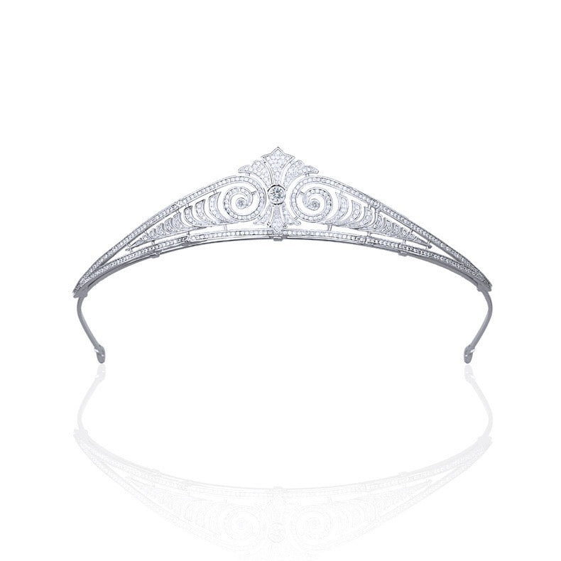 Vintage Scroll Crystal Tiara – Platinum Plated Bridal Crown with Cubic Zirconia for Wedding or Prom