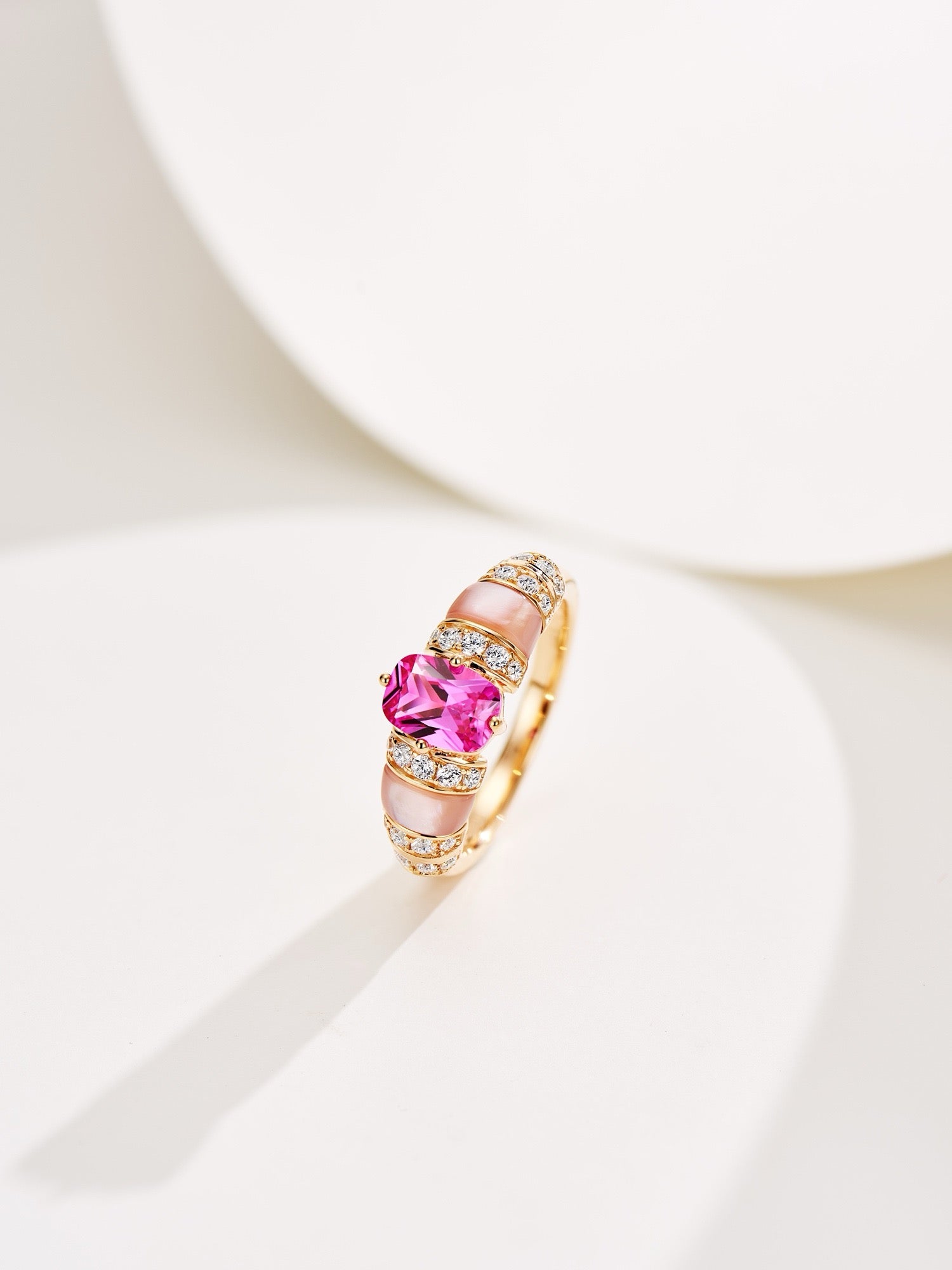 Blush Brilliance: Lab-Created Pink Diamond with Mother-of-Pearl Inlay in Gold-Plated Silver Ring
