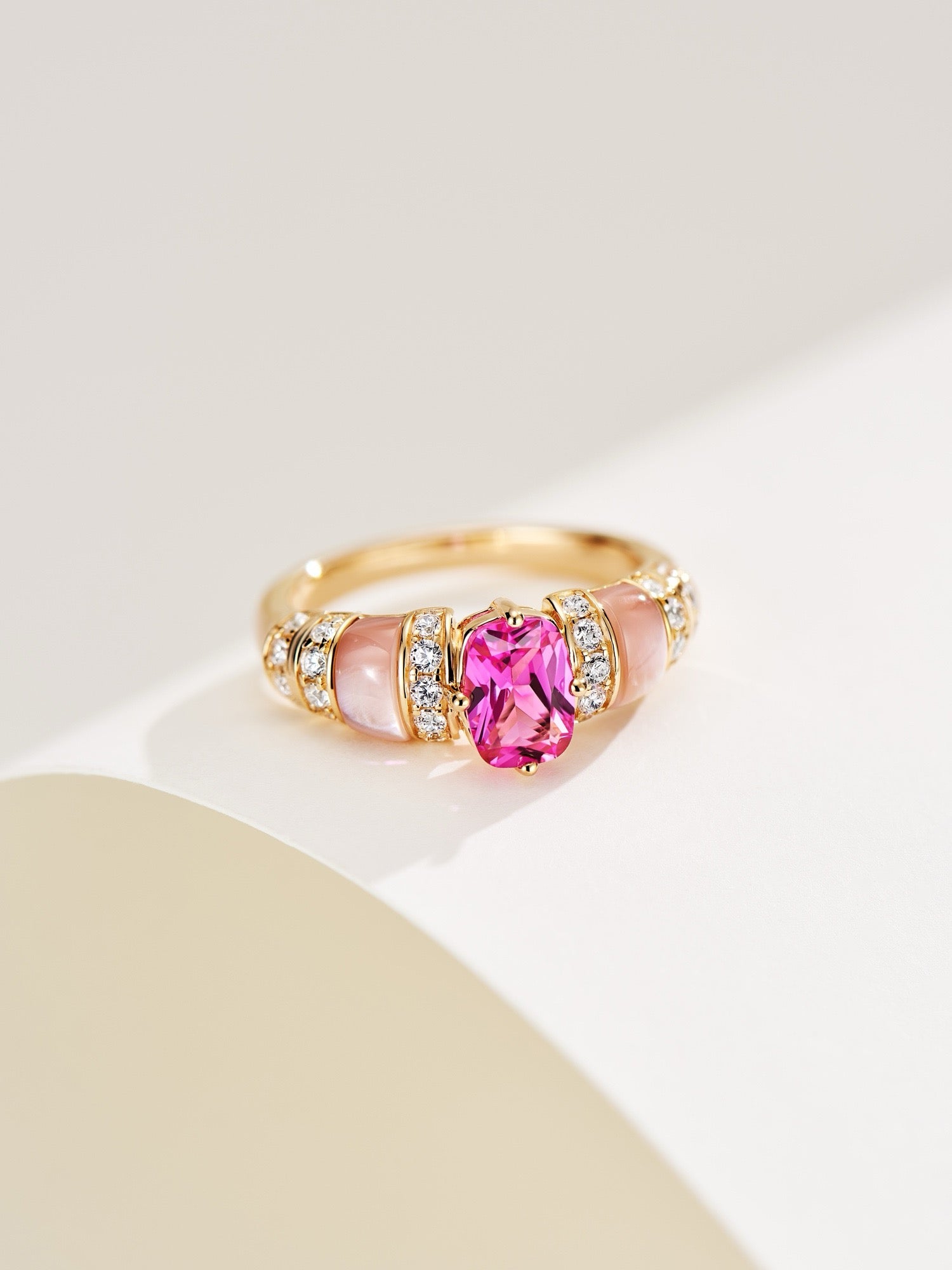 Blush Brilliance: Lab-Created Pink Diamond with Mother-of-Pearl Inlay in Gold-Plated Silver Ring