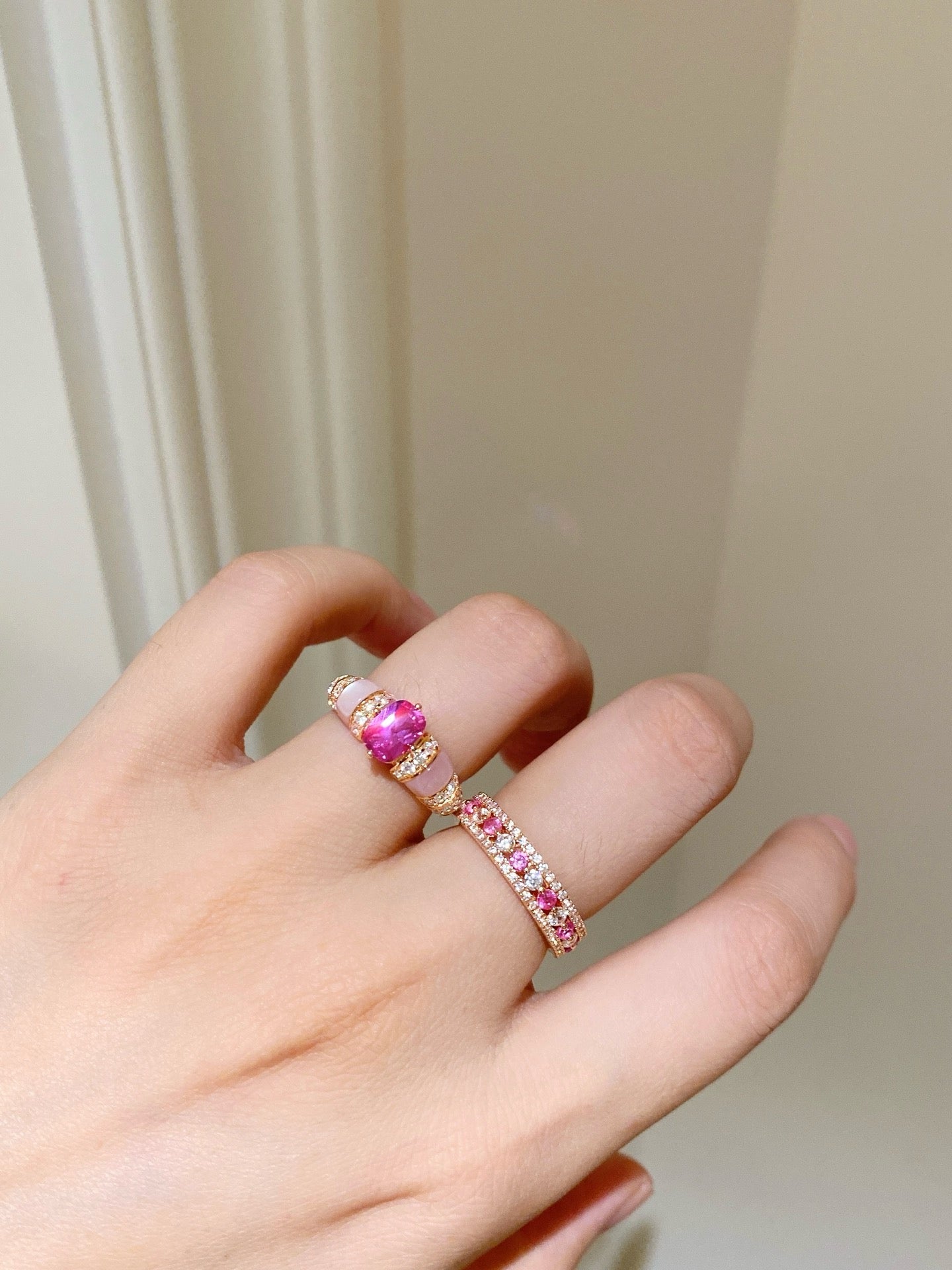 Blush Brilliance: Lab-Created Pink Diamond with Mother-of-Pearl Inlay in Gold-Plated Silver Ring