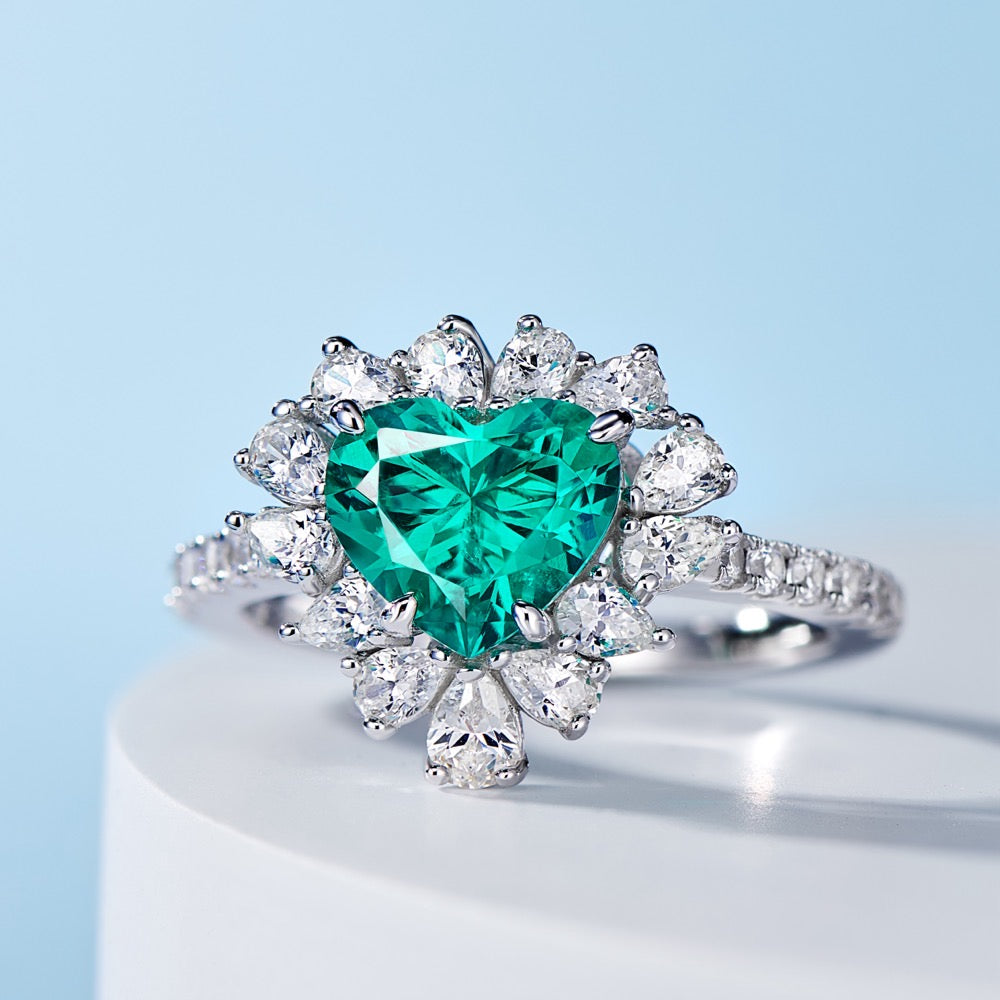 Radiant Vivid Green Heart Ring with 1.5 CT Lab-Created Colombian Emerald