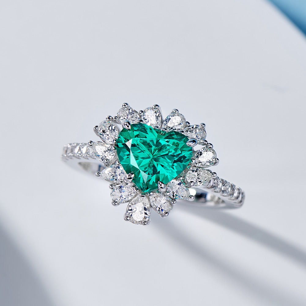Radiant Vivid Green Heart Ring with 1.5 CT Lab-Created Colombian Emerald