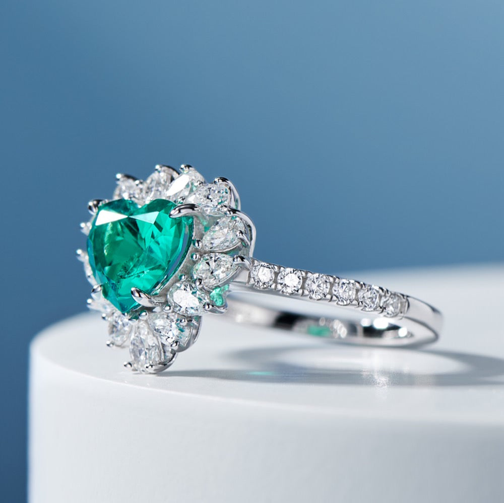 Radiant Vivid Green Heart Ring with 1.5 CT Lab-Created Colombian Emerald
